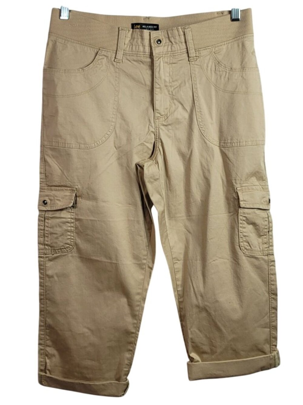 Lee Relaxed Fit Mid Rise Crop Pants Tan Size 10 Zip Cargo Utility Cuff Capri NEW